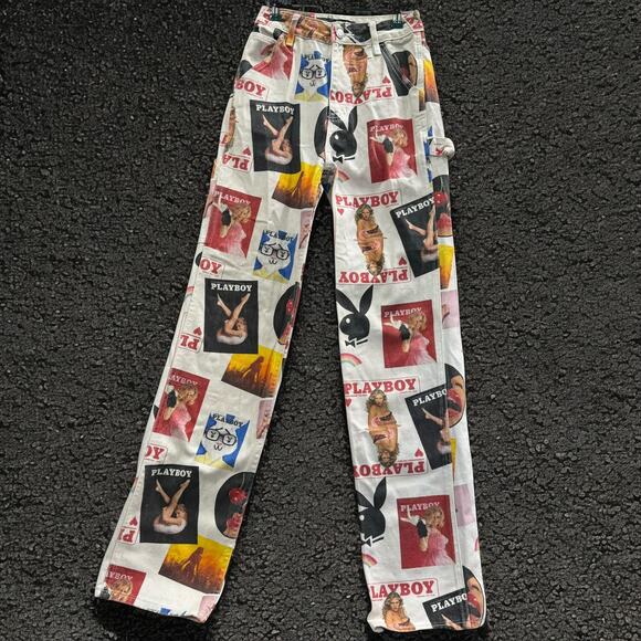 PLAYBOY PACSUN JEANS 70s HIGH RISE BOYFRIEND ALL OVER PRINT LOGO RETRO SZ 24 XS - Picture 4 of 12